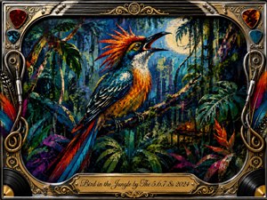 A brilliantly colored tropical bird perches amid a dense moonlit jungle, its fiery red crest, blue wings, and orange breast glowing against deep emerald foliage. Expressive painterly textures create energetic motion and mystery. An ornate chrome-and-gold musical frame, accented with feathers, records, strings, and engraved title plate, completes the theatrical composition.