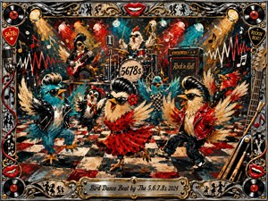 Rockabilly birds dance wildly across a checkerboard floor while a feathered band performs beneath glowing stage lights. Bold reds, turquoise, black, cream, chrome, and gold create a playful retro atmosphere. Thick acrylic brushwork suggests motion and rhythm, while musical notes, records, microphones, guitars, and an ornate metallic frame amplify the energetic celebration.