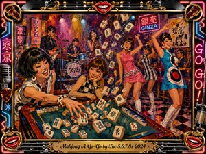 A vibrant retro Tokyo nightclub erupts with playful energy as stylish dancers, musicians, and mahjong players fill the scene beneath glowing neon signs. Rich reds, golds, blues, and pinks shimmer under theatrical lighting. Expressive painted brushwork, flying tiles, chrome musical details, and a lavish framed border create a lively vintage-pop spectacle.