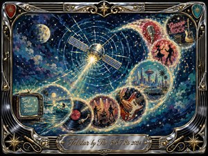 A glowing satellite broadcasts across a deep indigo cosmic sky, linking feathered circular scenes of surf, vinyl records, dancing, guitars, and garage rock along a sweeping S-curve. Rich teal, gold, red, and silver tones shimmer with starbursts and radio waves, framed by ornate chrome-and-gold musical details in textured gouache style.