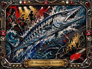 A fierce silver-blue barracuda surges through crashing ocean waves that merge with a wild retro rock concert. Electric guitars, drums, speakers, vinyl, microphones, and dancing silhouettes intensify the energetic mood. Bold acrylic-like brushwork, deep blues, bright reds, chrome, gold highlights, dramatic spotlights, and an ornate music-themed frame create explosive visual rhythm.