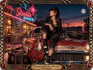 A rebellious rockabilly woman poses atop a gleaming vintage car outside a neon-lit roadside diner at dusk. Red, black, chrome, and electric blue dominate the cinematic scene, while desert mountains, Route 66, a guitar, and glowing motel signs deepen the wild, nostalgic mood within an ornate music-themed frame.