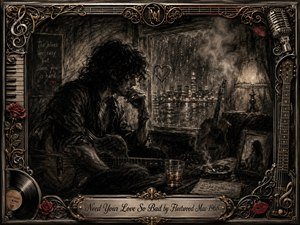 A solitary musician sits brooding beside a rain-streaked window, guitar resting across his lap as distant city lights shimmer beyond. Deep charcoal textures, smoky shadows, sepia highlights, crimson roses, and lipstick accents create a mournful blues atmosphere. An ornate music-themed metallic frame surrounds the scene, crowned by an engraved title plate.
