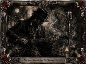 A solitary blues guitarist sits beneath moonlit shadows in a smoky late-night room, bowed over his instrument beside a vintage microphone, whiskey glass, and candle. Deep feathered charcoal creates a brooding, intimate mood, while muted sepia, silver, gold, and dark red accents enrich the ornate musical frame, roses, records, and engraved title plate.