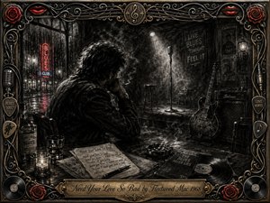 A solitary man sits brooding in a smoky late-night blues club, surrounded by rain-streaked windows, handwritten music, whiskey, a vinyl record, guitar, and empty stage microphone. Deep feathered charcoal textures create aching intimacy, while red neon, roses, lips, and antique gold metalwork punctuate the ornate music-themed frame.