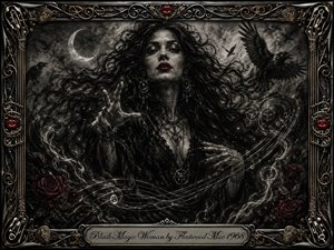 A mysterious dark-haired woman emerges from swirling charcoal smoke beneath a crescent moon, surrounded by ravens, roses, and sweeping musical lines. Deep blacks and smoky grays dominate, accented by crimson lips, red roses, and subtle gold. Ornate metallic framing, dramatic lighting, and intricate gothic textures create a hypnotic, mystical atmosphere.