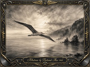 A solitary albatross glides above a calm, misty sea beside rugged coastal cliffs, creating a serene, contemplative mood. Deep charcoal textures, soft sepia highlights, and luminous cloud-filtered light enrich the spacious composition. An ornate black-and-gold musical frame features strings, wings, stars, record grooves, and an engraved title plate.
