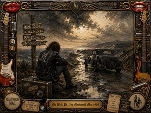 A brooding rock-and-roll traveler sits beside a weathered suitcase on a rain-slick coastal road as a vintage car disappears toward stormy cliffs. Muted charcoal, bronze, black, and amber tones create a restless, defiant mood. An ornate instrument-filled frame, red lips, memorabilia, and engraved title plate evoke gritty late-1960s blues-rock mythology.