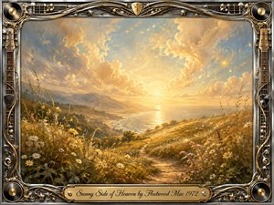 A radiant oil-painted coastal landscape glows beneath a golden sky, with a winding path through wildflowers leading toward a sunlit sea and distant hills. Ethereal musical notes drift through luminous clouds, creating a peaceful, transcendent mood. An ornate chrome-and-gold frame of strings, picks, records, and filigree surrounds the scene.