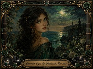 A mysterious dark-haired woman with luminous emerald eyes gazes over her shoulder beside a moonlit sea, surrounded by shadowy roses and coastal foliage. Rich teal, green, gold, and black tones create a romantic, haunting atmosphere. Textured oil-painting brushwork, glowing reflections, and an ornate music-themed metallic frame complete the composition.