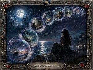 A solitary woman sits on moonlit coastal rocks beneath a star-filled sky, gazing toward translucent feathered bubbles spiraling in an S-curve, each holding dreamlike scenes of ships, palms, cities, and distant memories. Deep blues, silver, violet, and gold create a hypnotic digital painting framed with ornate musical metalwork and engraved lettering.