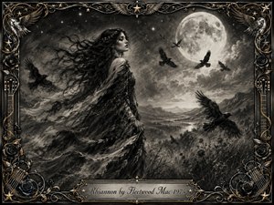 A windswept woman stands beneath a luminous full moon as ravens circle through a dramatic night sky. Deep charcoal textures, smoky shadows, and silvery highlights create a mystical, haunting atmosphere. Flowing hair and fabric emphasize movement, while an ornate gold-and-metal musical frame, roses, stars, wings, and engraved title plate complete the composition.