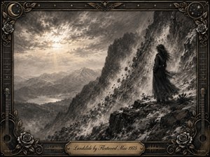 A solitary woman stands on a rugged mountain ledge as rocks tumble down a steep slope beside her. The charcoal landscape feels reflective and melancholic, with layered gray mountains, drifting dust, and pale sunlight breaking through clouds. An ornate vintage frame of guitars, roses, stars, and gold details surrounds the dramatic scene.