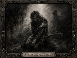A solitary guitarist crouches beneath a pale spotlight, surrounded by smoky charcoal darkness and ghostlike shadows. Deep blacks, silvery grays, and restrained gold accents create a tense, haunted mood. Feathered charcoal textures, expressive smudges, and worn guitar details are enclosed by an ornate music-inspired metal frame with an engraved title plate.