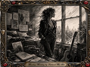 A stylish woman stands beside a sunlit apartment window, gazing over a waking city while an acoustic guitar rests nearby. Deep textured charcoal creates a reflective, restless mood, softened by pale morning light. An ornate black, chrome, and gold musical frame surrounds the scene, accented with red lips, records, strings, and decorative flourishes.