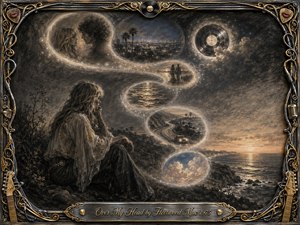 A contemplative woman sits above a dusky coastline as luminous memory bubbles sweep through the sky in a graceful S-curve. Deep charcoal textures, smoky grays, muted gold, and soft blue highlights create a wistful, romantic mood. An ornate chrome-and-gold musical frame surrounds the dreamlike scene, with the engraved title plate below.