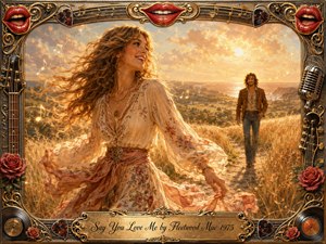 A radiant woman in flowing 1970s dress turns joyfully in a golden coastal meadow as a man approaches along the path. Warm sunset light, peach and honey tones, drifting musical notes, and romantic painterly detail create an uplifting mood. An ornate gold-and-chrome music-themed frame surrounds the glowing scene.