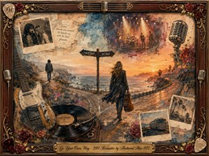 A richly textured mixed-media collage shows two figures choosing separate coastal roads at sunset, symbolizing emotional separation and independence. Warm gold, rust, blue, and rose tones glow beneath dramatic stage lighting. Vintage photographs, guitars, vinyl, microphones, roses, and ornate gold detailing surround the scene within an elaborate musical frame.