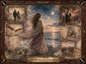 A windswept woman stands beside a moonlit sea, surrounded by faded memories of love, travel, music, and parting. Soft blues, mauves, sepia, rose, and gold create a wistful twilight glow. Painterly oil, acrylic, and watercolor textures blend into an ornate rosewood frame with musical details and an engraved title plate.