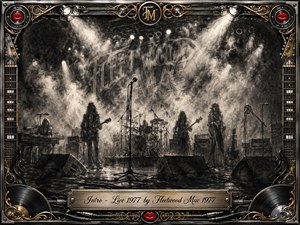 A smoky 1977 concert stage emerges in deep feathered charcoal, with silhouetted musicians, guitars, keyboards, drums, microphones, amplifiers, and glowing spotlights creating tense anticipation. Monochrome grays and ash whites contrast with subtle gold and red accents. An ornate chrome-and-gold musical frame surrounds the scene, finished with an engraved title plate.