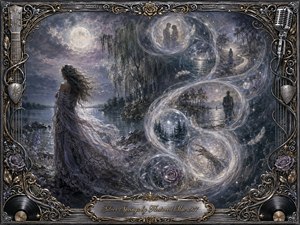 A solitary woman stands beside moonlit silver waters, her flowing lavender-gray gown swept by wind as luminous memory bubbles curve through the scene in an elegant S-shape. Cool silvers, blues, and charcoal tones create a wistful, dreamlike mood, framed by ornate chrome-and-gold musical filigree, roses, records, strings, and a vintage microphone.
