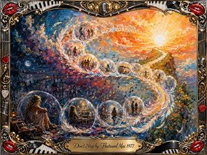 A richly textured acrylic-style dreamscape follows a feathered S-curve of glowing bubbles from a cool, reflective night into a brilliant golden sunrise. Musical vignettes, dancing figures, a winding road, floating notes, and flowers create hopeful momentum, framed by ornate chrome, gold, piano keys, records, microphones, and vivid red lips.