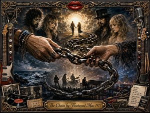 A dramatic rock-inspired tableau centers on two hands gripping a heavy steel chain beneath brooding portraits and a distant couple walking toward radiant light. Stormy charcoal blues, black, bronze, and gold create a tense, reflective mood, while guitars, records, concert memorabilia, ornate metalwork, and the engraved title plate form a richly detailed vintage frame.