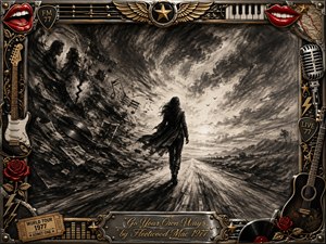 A lone figure strides down a windswept road toward a bright horizon beneath turbulent charcoal skies, leaving fractured memories and musical fragments behind. Deep blacks, smoky grays, and glowing highlights create a dramatic, bittersweet mood. An ornate chrome-and-gold rock-themed frame surrounds the scene with guitars, roses, red lips, records, and vintage concert details.