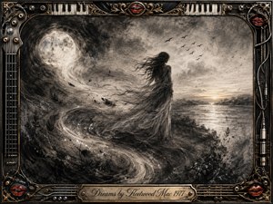 A windswept woman stands beside a moonlit sea, her flowing dress dissolving into swirling charcoal mist, feathers, and luminous dust. The monochrome landscape feels wistful and dreamlike, with storm clouds, distant birds, and dawn glowing on the horizon. An ornate musical frame surrounds the scene, finished with gold, chrome, piano keys, strings, red lips, and an engraved title plate.