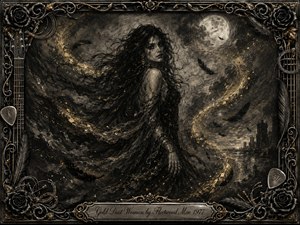 A mysterious woman drifts through a moonlit charcoal landscape, her dark hair and flowing garments swept into smoky, feathered motion. Gold dust curls around her in a luminous S-shaped trail, contrasting with deep blacks and silvery grays. An ornate gothic frame of roses, strings, picks, and gilded metal completes the haunting composition.