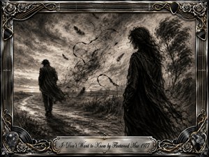 Two figures drift apart across a windswept charcoal landscape, one walking down a lonely road while the other watches in silence. Storm clouds, flying feathers, twisted trees, and smoky textures create a tense, bittersweet mood. An ornate chrome-and-gold musical frame surrounds the monochrome scene, with guitar strings, picks, roses, and an engraved title plate.