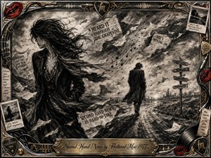 A windswept woman stands amid swirling newspapers and musical notes while a solitary figure walks away along a storm-darkened road. Deep charcoal textures, smoky grays, and sepia highlights create a restless, bittersweet mood. An ornate chrome-and-gold music-themed frame, red lipstick accents, vinyl details, and engraved title plate complete the vintage composition.