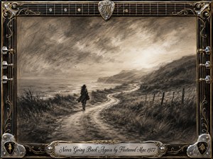 A lone traveler follows a winding coastal path toward a glowing horizon beneath turbulent skies, conveying quiet resolve and release. Deep charcoal textures, sepia-gray tones, feathered shading, and dramatic light create a reflective atmosphere. An ornate guitar-inspired chrome-and-gold frame surrounds the scene, with strings, tuning pegs, filigree, and an engraved title plate.