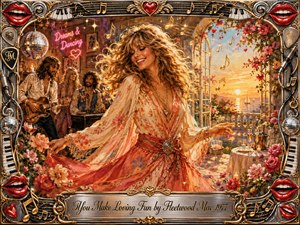 A joyful woman dances in a flowing coral-and-cream dress inside a dreamy 1970s musical terrace, surrounded by flowers, musicians, golden notes, and sunset light. Warm pinks, reds, golds, and chrome create a romantic glow. An ornate music-themed frame with smiling lips and instruments completes the richly textured vintage painting.