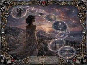 A wistful woman stands on a twilight coastal hillside as translucent memory bubbles sweep across the sky in a graceful S-curve, revealing dancing figures, moonlit waves, reaching hands, and drifting feathers. Dusky lavender, silver-blue, rose, and gold tones glow softly within a richly detailed, music-themed metallic frame.