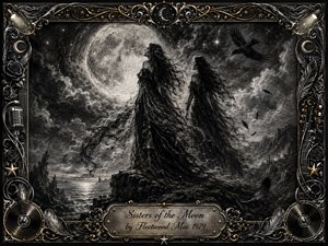 Two mysterious women stand on a windswept cliff beneath a luminous full moon, surrounded by swirling clouds, ravens, and drifting feathers. Deep charcoal textures, silvery highlights, and shadowy blacks create a haunting gothic mood. An ornate gold-and-chrome musical frame, roses, crescents, microphones, and vinyl details complete the dramatic composition.