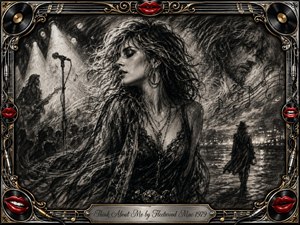 A windswept woman stands at the heart of a smoky charcoal concert dream, surrounded by musicians, drifting notes, distant lights, and a shadowy figure walking away. Deep blacks, silvery highlights, and vivid red lips create romantic tension. Ornate gold, chrome, vinyl, and guitar-string details frame the dramatic, nostalgic composition.