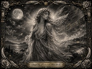 A moonlit angelic woman drifts through a windswept coastal dreamscape, her flowing gown and feathered wings dissolving into smoky charcoal textures. Silver-gray clouds, glowing stars, vinyl grooves, and guitar-string motifs create a haunting musical atmosphere. Ornate roses, feathers, gold filigree, and the engraved title plate complete the vintage frame.