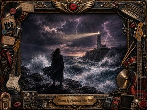 A lone dark-clad figure stands on rain-soaked rocks before a violently churning sea, facing a distant lighthouse beneath branching lightning. Deep charcoal, purple, silver, and bronze tones create a brooding, reflective mood. An ornate music-themed frame surrounds the scene with guitars, records, drums, roses, and vintage rock memorabilia.