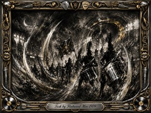 A stormy charcoal marching scene surges through a nocturnal stadium, where shadowed drummers, banners, and sweeping tusk-like arcs create fierce rhythmic motion. Smoky blacks, silvery whites, and restrained gold accents glow beneath harsh stage lights. An ornate chrome-and-gold musical frame surrounds the artwork, finished with an engraved title plate.
