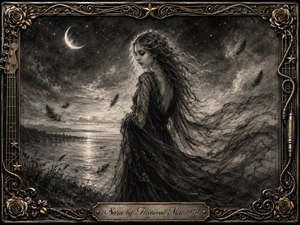 A solitary woman in a flowing dark gown stands beside a moonlit shore beneath a crescent moon and starry sky. Windswept hair, drifting feathers, and shimmering water create a wistful, dreamlike mood. Deep charcoal textures, silvery highlights, and ornate gold-and-chrome musical framing give the scene a romantic, vintage elegance.