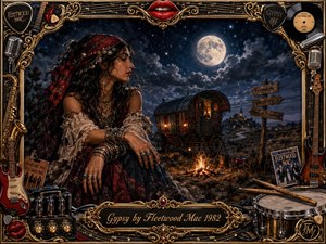 A moonlit wanderer rests beside an ornate caravan and glowing campfire beneath a dramatic star-filled sky, evoking freedom, memory, and longing. Deep blues, warm amber light, crimson fabrics, and metallic gold frame details create a richly cinematic mood, while guitars, records, microphones, drums, and decorative filigree surround the dreamlike scene.