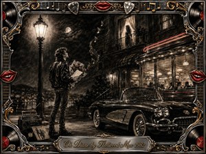 A young man stands beneath a glowing streetlamp, holding flowers and a letter while gazing toward a woman silhouetted in an upstairs window. Deep feathered charcoal textures create a wistful nighttime mood, warmed by diner lights, chrome reflections, red accents, a vintage convertible, drifting music notes, and an ornate rock-inspired frame.