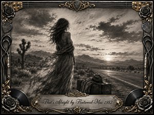 A lone woman stands beside a desert highway at sunset, her flowing dress and windswept hair suggesting quiet departure and acceptance. Deep charcoal textures shape distant mountains, dramatic clouds, and fading light. An ornate chrome-and-gold musical frame surrounds the scene with roses, records, guitar strings, picks, cables, and an engraved title plate.