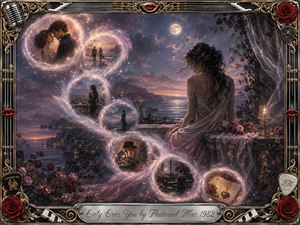 A wistful woman in a flowing lace gown overlooks a moonlit coastal landscape as glowing feathered memory bubbles sweep through the scene in an elegant S-curve. Dusky blues, mauves, rose pinks, silver, and gold create a romantic glow. Ornate musical framing, roses, chrome filigree, piano keys, strings, and engraved titlework complete the dreamlike digital painting.