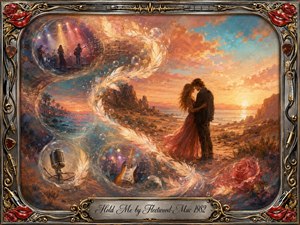 A romantic couple embraces on a glowing coastal desert shore at sunset, surrounded by feathered bubbles sweeping through an elegant S-curve of musical memories. Warm coral, gold, rose, and turquoise tones create a dreamy, nostalgic mood. Painterly textures, luminous skies, guitars, microphones, roses, and an ornate chrome-and-gold frame enrich the composition.