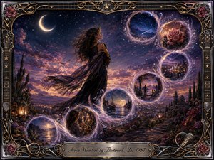 A windswept woman stands beneath a crescent moon in a mystical twilight landscape, surrounded by seven glowing dreamlike orbs flowing in an elegant S-curve. Violet, blue, rose, silver, and gold tones create a romantic, reflective mood. An ornate chrome-and-gold musical frame with roses, guitar details, and an engraved title plate completes the richly painterly scene.