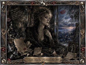 A pensive woman stands beside a twilight window, surrounded by fractured reflections, torn notes, tangled strings, and lipstick traces that suggest deception and emotional uncertainty. Deep charcoal textures, cool blues, muted silver, crimson accents, and warm gold details create a moody 1980s atmosphere, framed by ornate musical motifs and an engraved title plate.
