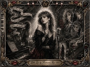 A glamorous woman stands beside a vintage microphone in a smoky, charcoal-rendered nightclub, surrounded by fractured mirror reflections, drifting whispers, piano keys, and musical motifs. Deep blacks, silvery grays, muted crimson lips, and warm gold highlights create a mysterious, bittersweet mood, while the ornate chrome-and-gold frame reinforces the polished 1980s rock aesthetic.