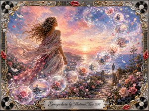 A windswept woman stands in a flower-filled coastal garden at sunset, gazing toward the glowing sea as luminous bubbles form an elegant S-curve through the sky. Soft pink, lavender, blue, and gold tones create a romantic, dreamlike mood, while musical notes, roses, feathers, and ornate chrome-and-gold framing enrich the painterly scene.